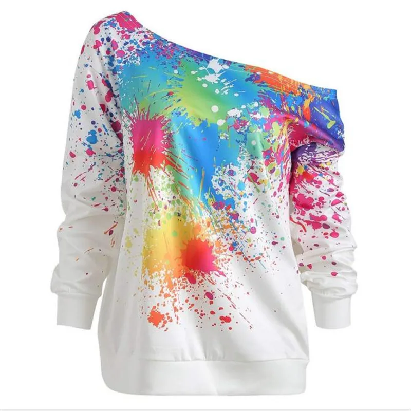 

Women's Long Sleeve T Shirt New Sexy One Shoulder Print Autumn Spring Casual Tops Wear Female Loose Plus Sizes Printed Tee Tops
