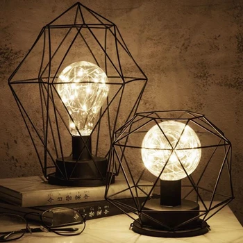 

Delicate Wrought Iron LED Bedside Night Light Battery Powered Geometric Shaped Desk Lamp Decor Lighting for Bedroom Room