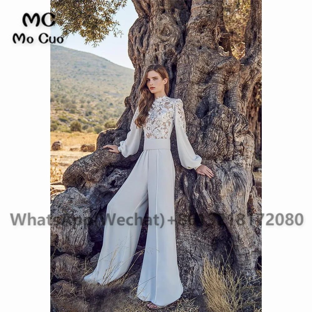 Elegant Wedding Jumpsuits High Neck Lace Long Sleeve Bohemian Wedding Dress Custom Made Pants Suit Beach Robes De Mariée (1)