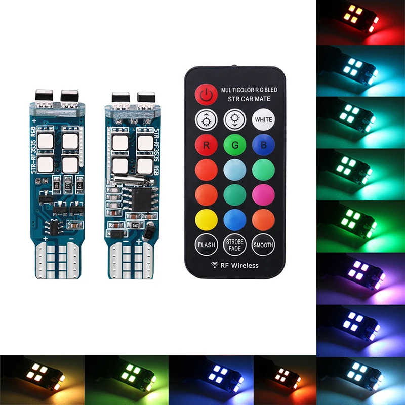 

2 Pieces Universal Interior Car Lights T10 W5W LED Bulbs RGB With Remote Control Led Strobe Light Clearance Reading Lights 12V