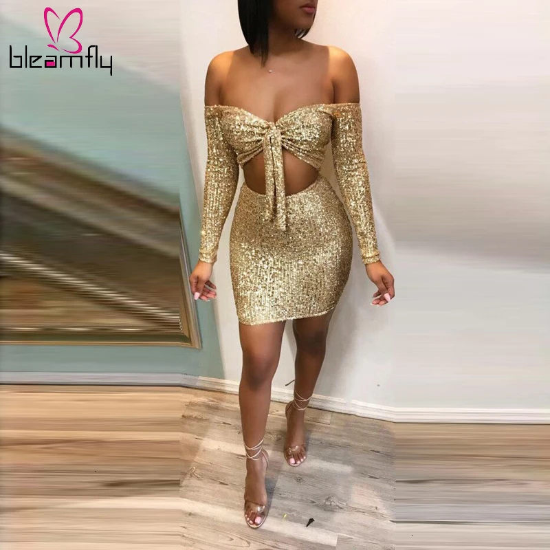 

Sexy Sequined Two Piece Set Slash Neck Off Shoulder Long Sleeve Tie Up Crop Top And Bodycon Mini Skirts Sets Women Club Outfits