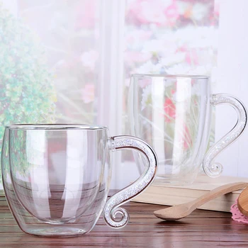 

Clear Coffee Mug Glass Sparkle Crystal Handle Double Layer Heat Insulation Tea Cup Wood Lid Spoon Office Drinkware Supplies