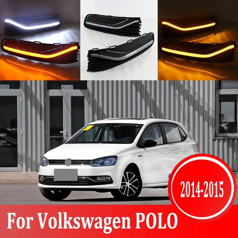 2 шт. для Volkswagen POLO 2014-2015 Светодиодный дневной ходовой светильник DRL Автомобильная противотуманная фара 6000K белый светильник желтый