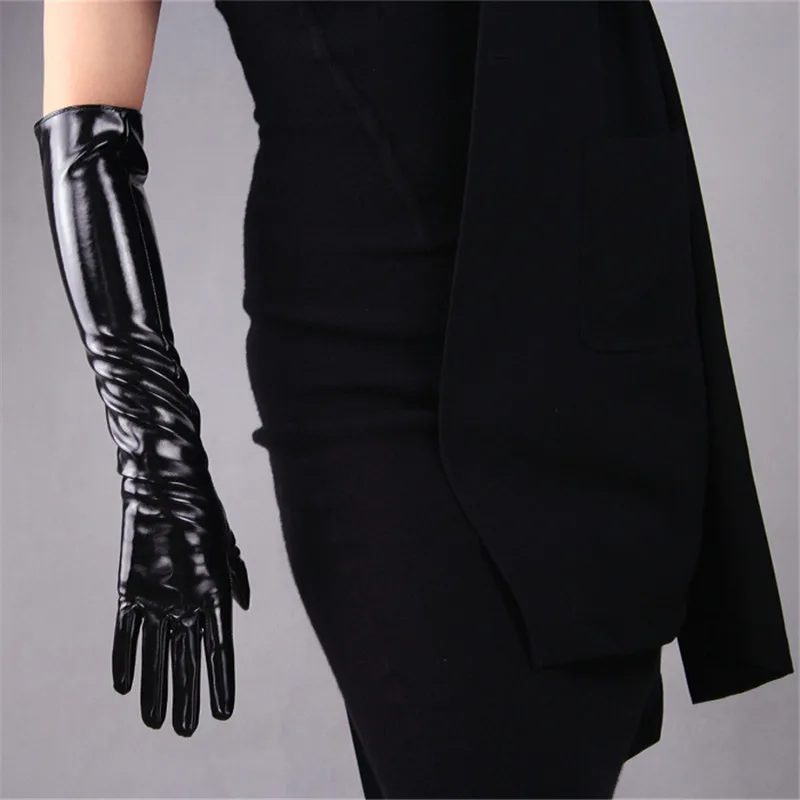 

50cm Long Sectiof Patent Leather Gloves Emulation Leather Sheepskin Bright Leather PU Bright Black Women's Gloves PU42-50