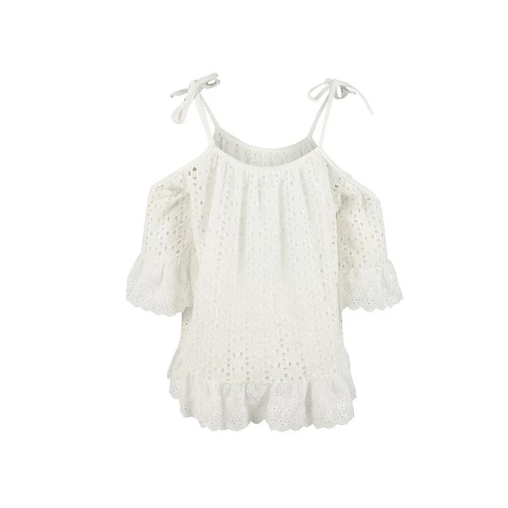

Women Summer Outwear Flare Sleeve T-shirt Lace Floral Hollow Out T-shirt Off Shoulder Short Cut Out Strap Loose Causal Top