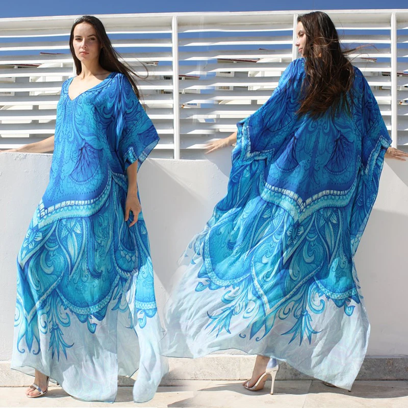 Длинное пляжное платье-кафтан с принтом голубого океана размера плюс, туника для женщин, летняя пляжная одежда, платье макси с рукавом до локтя N669