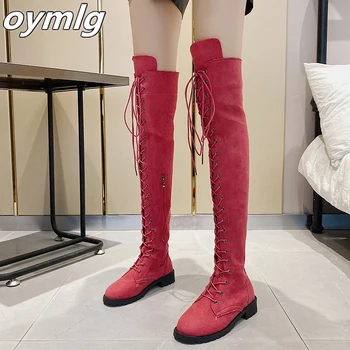 

2020 Women Over The Knee Boots 3cm High Heels Fetish Green Purple Lace Up Thigh Boots Stripper Winter Low Heels Plus Size Shoes