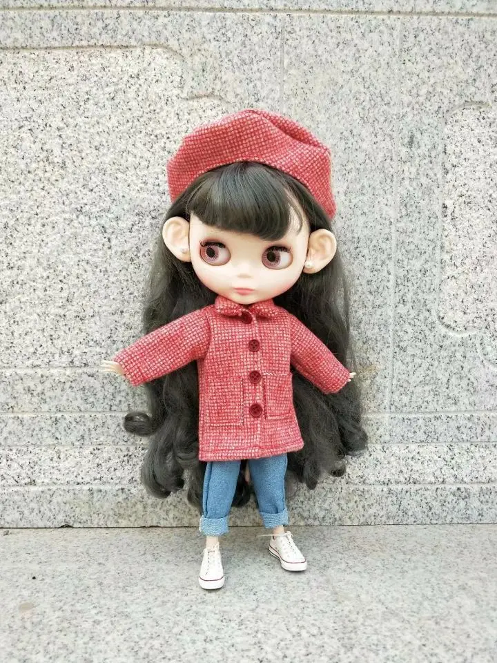 Blyth красный пальто Озон пальто в клетку с поясом, кукольный наряд(Fit blyth, BJD, озон, pullip, лат, licca, ob, kurhn, 1/6 кукла