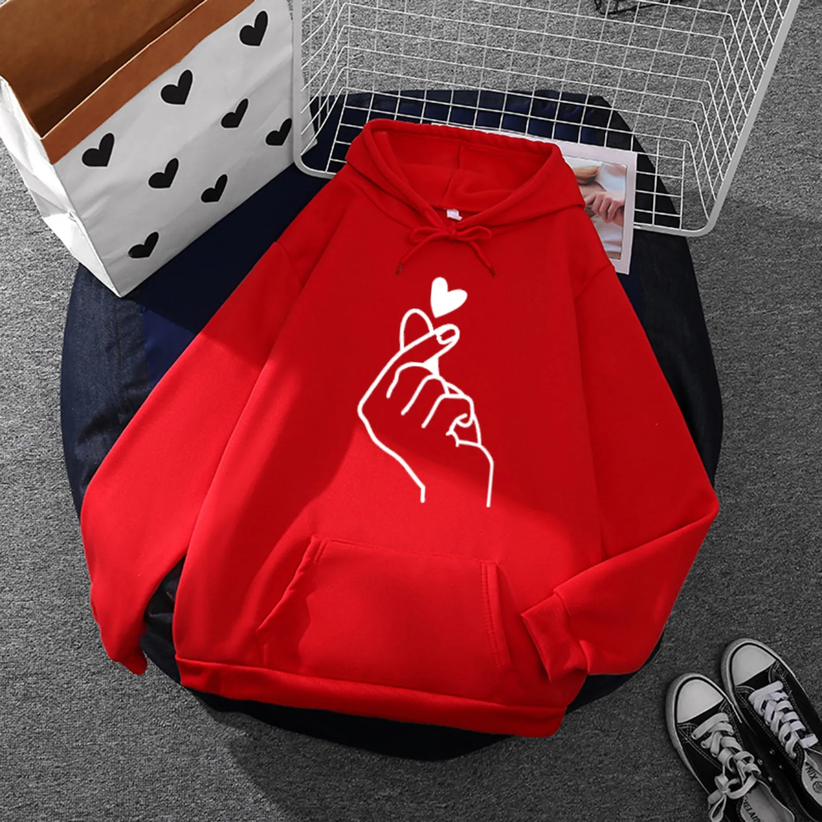 Oversized Heart Printed Hoodies For Women Kawaii Casual Loose Hooded Sweatshirts With Pocket Drawstring Sudaderas Con Capucha 1