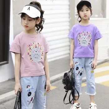 

2 Pieces Kids Clothes Girls Clothing Set Cartoon T shirt Jeans Suit Set Summer Spring