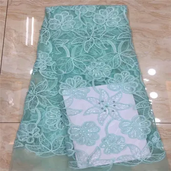 

2019 African Net Lace Fabric, High Quality Elegant beads green Nigerian Wedding Lace Fabrics 5Yards Sequins French Tulle lace