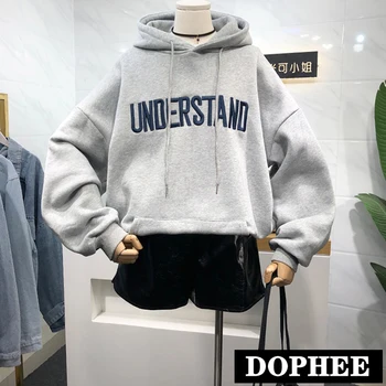 

2020 Autumn and Winter New Embroidered Letter Hooded Plush Sweatshirt Women's Loose Student Thick Hoodies Oversize Loose Tops
