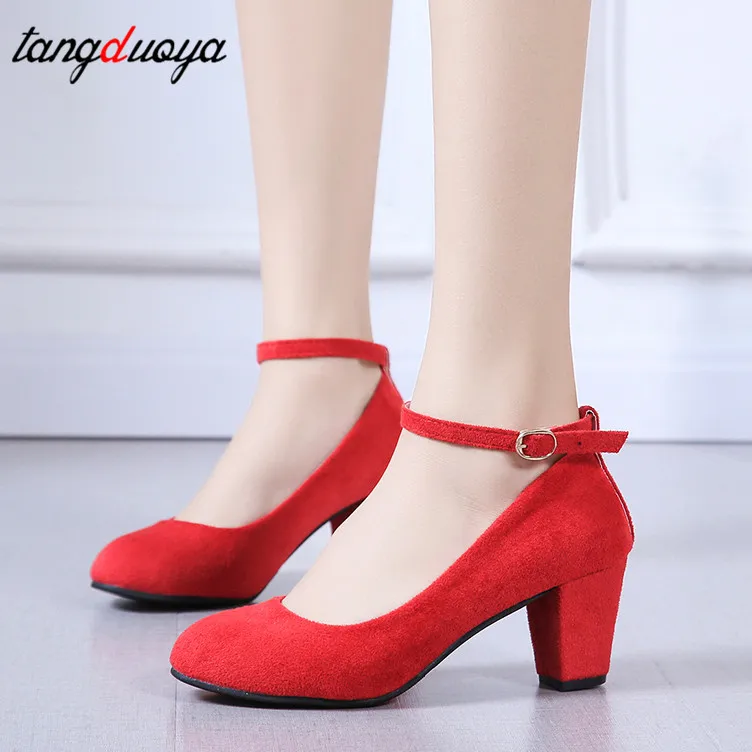 

Women's Fashion Pumps Sweet Woman Thick High Heels Ankle Strap Flock Female Platform Mary Jane Women Shoes Ladies Footwear 2020