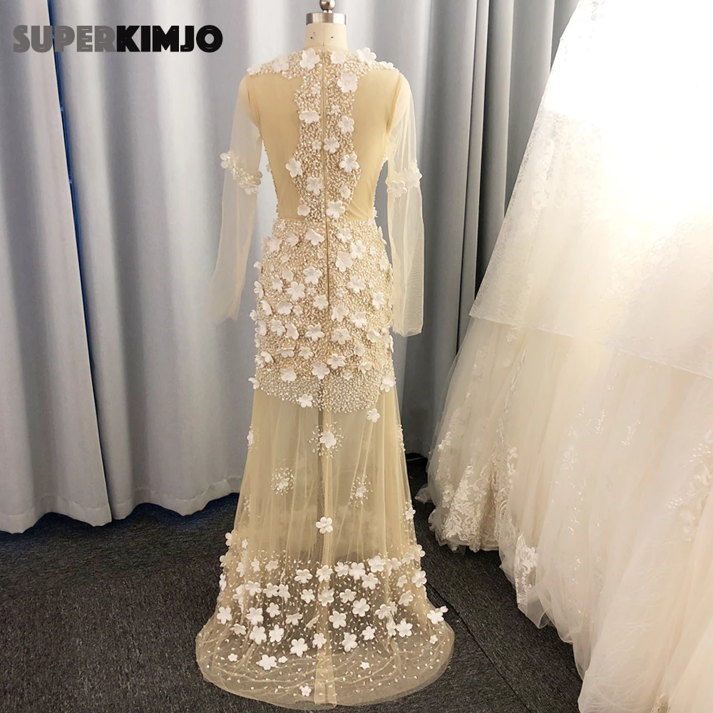 SuperKimJo Abendkleider бисерные вечерние платья с длинным рукавом 3D цветы Шампанское Русалка прозрачное сексуальное вечернее платье