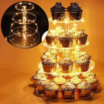 

4 Tier Acrylic Cake Cupcake Stand Tray Wedding W/ Light Party Dessert Display