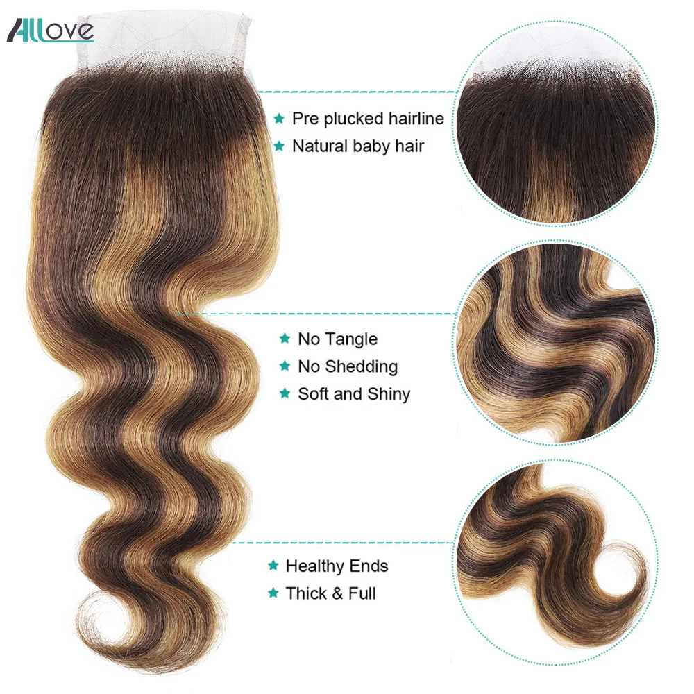 5x5 Closure With Bundles Highlight Bundles With Closure Transparent P4/27 Ombre Honey Blonde Body Wave human hair bundles