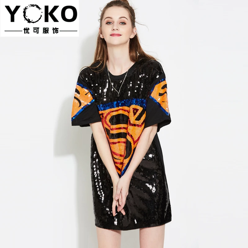 YOKO Супермен, расшитое блестками платье, свободный хип-хоп пуловер с ромбовидным узором, футболка с коротким рукавом, плюс размер, женское черное платье, уличная одежда