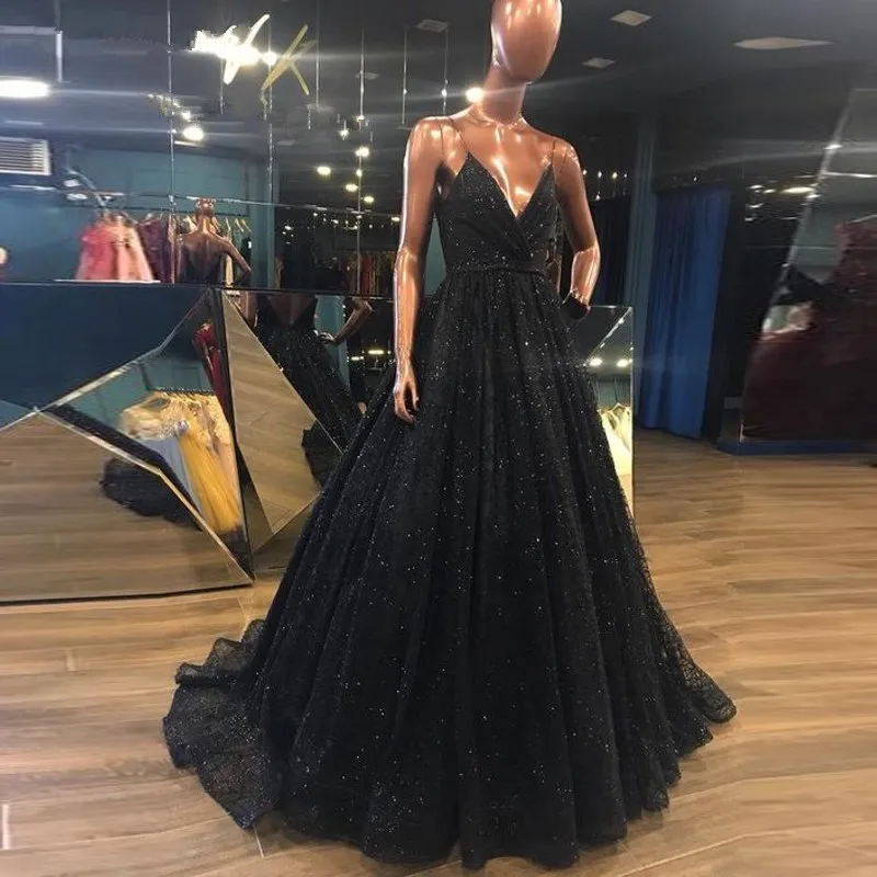 Sexy V-Neckline Backless Prom Long Elegant Dresses with Split A-Line Spaghetti Straps Shining ​Black Sequined Prom Dress