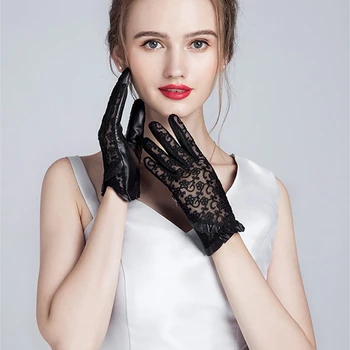 

2020 Summer Women Genuine Leather Gloves Ladies Elegant Gloves Women's Black Driving Gloves Anti-UV Touch Screen Lace Mittens