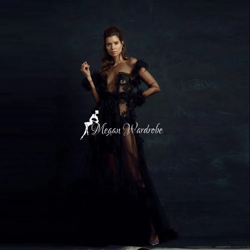 

Sexy See Thru Black Lace Tulle Dresses Women Bride Long Sleeves Ruffles Party Dress With Train Photo Shoot vestiti Custom Made
