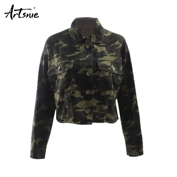 

Artsnie camouflage denim women jacket turn down collar long sleeve double pockets coats casual jeans ripped short jackets female