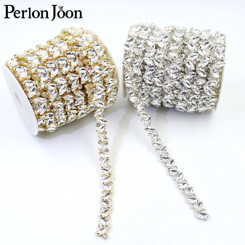Glitzernde zarte Blatt Glas Strass Trim Gold Silber Überzug Kristall Kette DIY Braut dekorative Accessoires ML147 – Detail 3