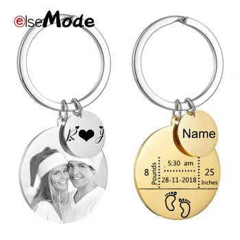 

ELSEMODE Personalized Baby Birthday Date Keychain Stainless Steel Engraved Newborn Customized Photo First Father's Day Gift