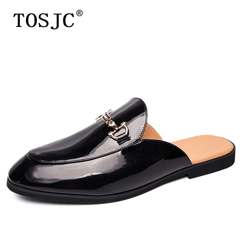 

TOSJC Fashion Men Half Loafers Patent Leather Slippers Breathable Man Outdoor Mules Lightweight Drag Shoes Buckle Casual Shoes