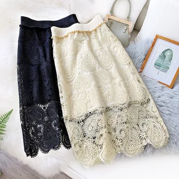 

Black White Lace Midi Skirt Women Fashion 2020 Spring Summer Korean Cute Elegant Office Knee Length Skirt Female Lady