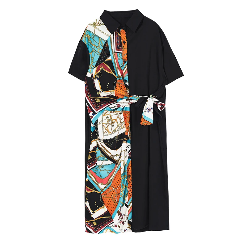 

LANMREM 2019 New Fashion Autumn Pattern Causal Short Sleeve Large Size Notched Collar Button Long Length Strap Dress AI751