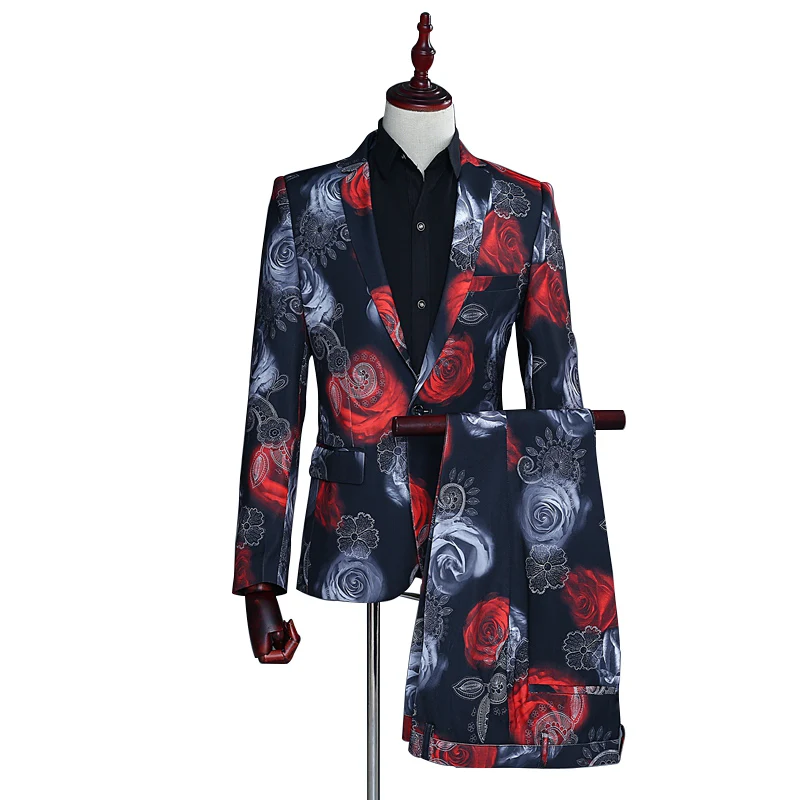 

(Jacke+Pants) Men's Fashion Trendy Suit Two-piece Set One Button Rose Print Lapel Sasual Club Happy Party Carnival Suit Set