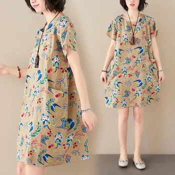 

Photo Shoot Loose-Fit Mid-length Loose Casual Comfortable Literature and Art Large Size Cotton Linen Printed Mid-length Even