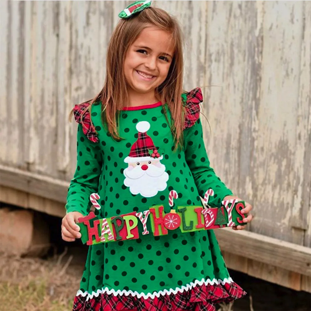 Рождественское платье для маленьких девочек; модное платье с оборками и длинными рукавами и круглым вырезом для маленьких девочек; Детская осенняя одежда в горошек