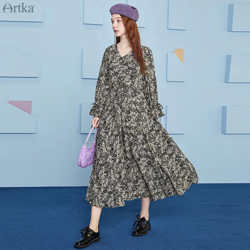

ARTKA 2020 Early Autumn New Women Dress Elegant Floral Print Chiffon Dresses Loose V-Neck Drawstring Long Dress Women LA22009Q