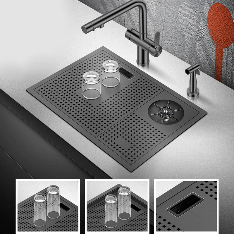 Nanometer Black Cup Rinser Hidden kitchen Sink 304 Stainless Steel 4mm Thickness Handmade Sink High Pressure Cup Washer Sinks