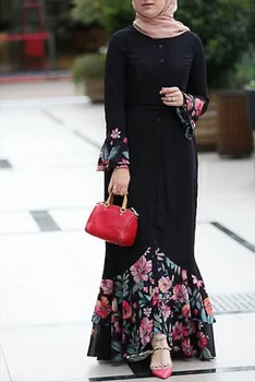 

Muslim Islamic Clothing Hijab Dress Women Kimono Ethnic Style Stitching Flower Print Robes Long Dress Long Sleeve Plus Size 5XL