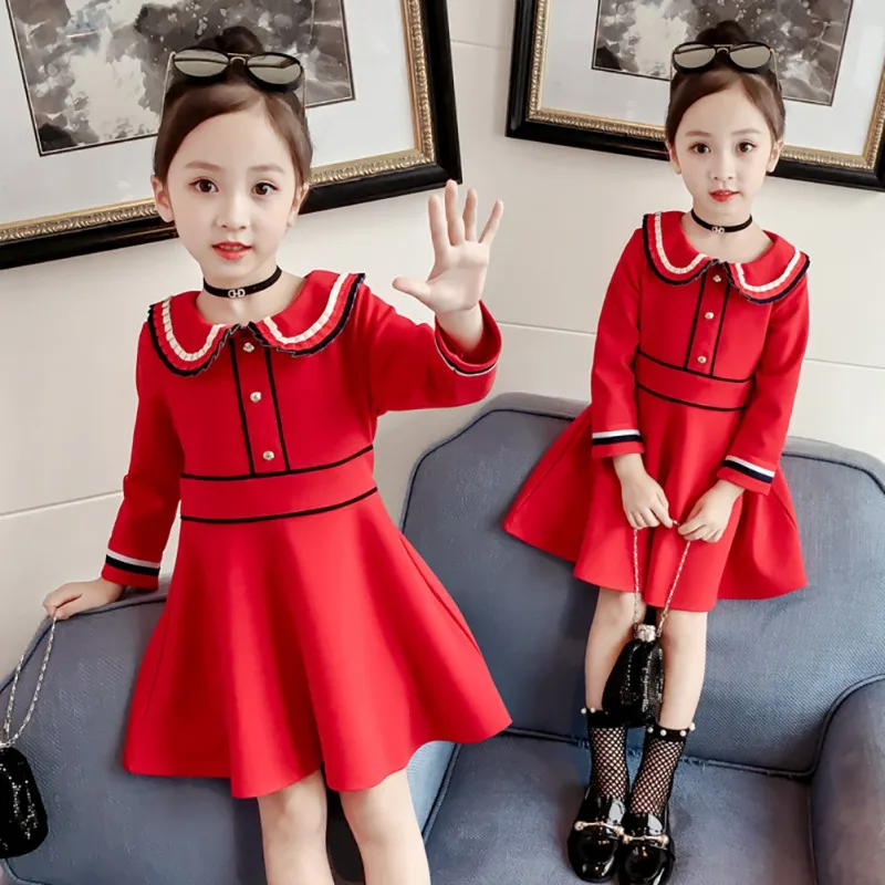 Детская одежда для девочек; Цвет Красный; воротник-кукла; однотонное платье принцессы; милое праздничное платье с длинными рукавами; От 2 до 7 лет; Милая одежда для маленьких девочек