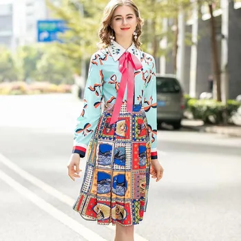 

Xiaomoli Exquisite embroidery bow Print Long Sleeve high waist dress new fashion in spring and summer 2020