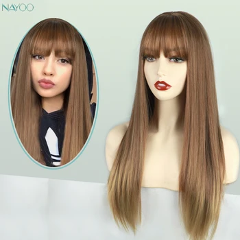 

Long Ombre Brown Synthetic Wigs Straight Blonde Gloden Wig with Bang For Women Party Natural Hair Heat Resistant Wigs
