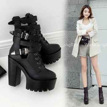 

Thick bottom Martin boots double buckle side empty ultra high heel waterproof machine boots women's short boots