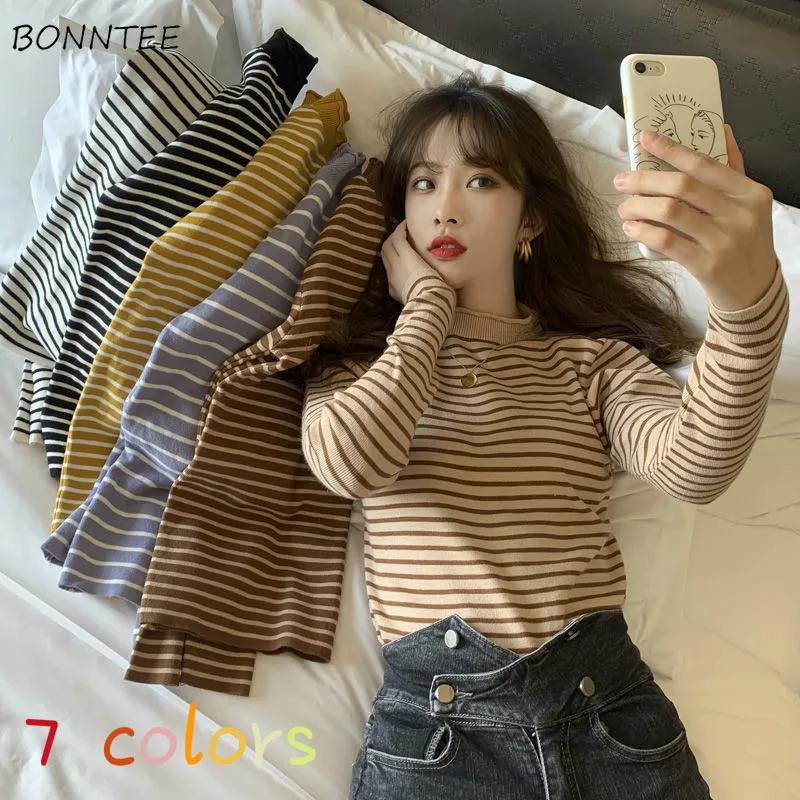 

Sweaters Women Knitting Pullovers All-match Striped Basic Simple Popular Teenagers Trendy 7 Colors O-Neck BF Daily Lady Clothes