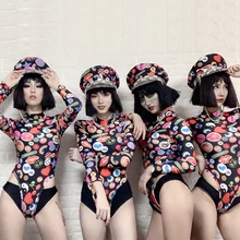 Печатные Длинные Рукава Высокие Вилки Боди Женский Ночной Клуб Dj Певица Сценические Костюмы Для Певцов Джазовые Танцевальные Костюмы