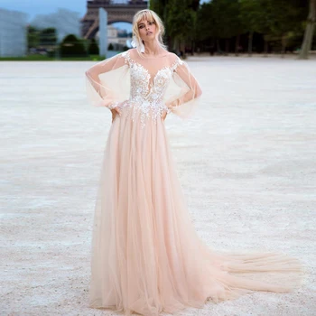 

Sexy Champagne Tulle Lace Wedding Dresses Long A-line Bridal Gown Illusion long Sleeves vestidos de novia 2020 Buttons Dresses