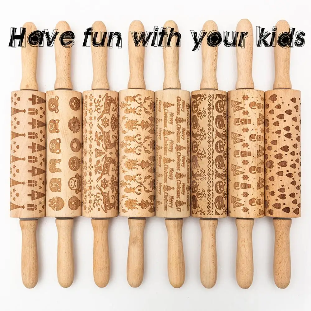 

Rolling Pins & Pastry Embossing Wood Rolling Pin DIY Silicone Baking Cookies Noodle Biscuit Fondant Cake Engraved Stencil