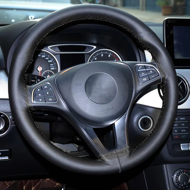 

Universal Car Steering Wheel Cover Fiber Leather With Soft Anti-Slip Black DIY Braid & Needles Thread Fit For 38cm Diameter
