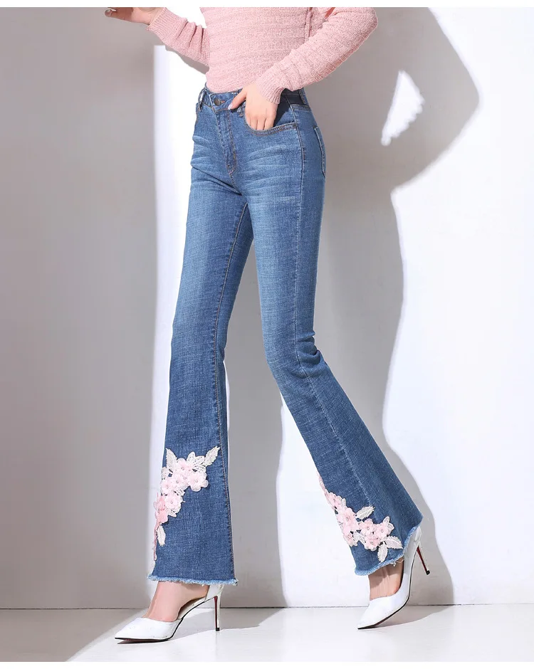 Fashion embroidery Denim Flare Pants Women Retro Ripped Jeans woman Wide Leg Trousers Lady Casual Bell-Bottoms Flare Pant Female