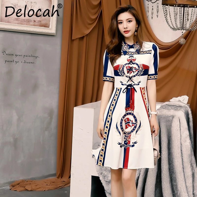 

Delocah Runway Fashion Summer A-Line Midi Dress Women's Short Sleeve Printed Lace Up Collect Waist Ladies Vintage Party Dresses