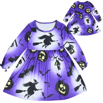 

Halloween Fall/winter Kids Dresses Pumpkin Ghost Skull Spider Long Sleeve Cartoon Print Carnival Costume Dress
