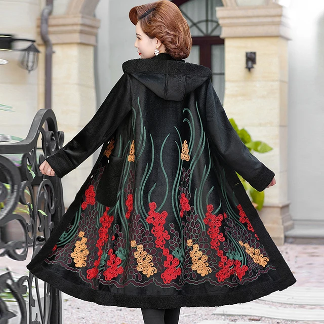 Womens Vintage Style Embroidered Faux Fur Hooded Cape Coat Winter Cloak  Jacket L