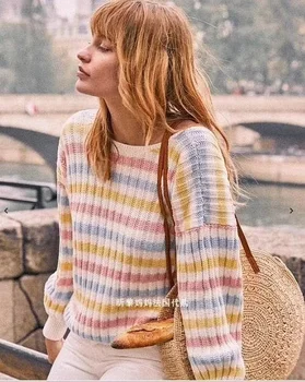 

2020 Spring Loose Fashion U-neck O Neck Color Multicolour Stripe Women Sweater
